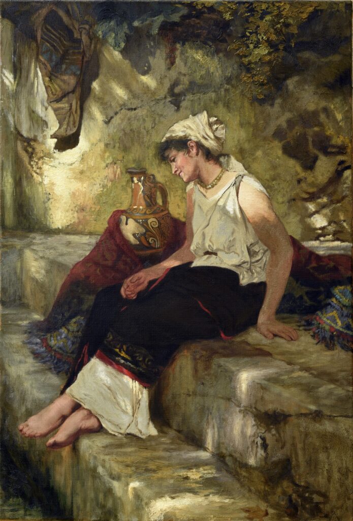 Kopia obrazu "Sielanka Rzymska - Przed kąpielą" H. Siemiradzkiego Kopia fragmentu "Sielanki rzymskiej" H. Siemiradzkiego (1885-89), autorka kopii: Anna Rottau, 2019.