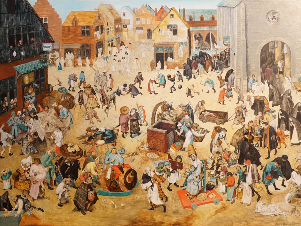 Kopia obrazu "Walka Karnawału z Postem", Pietera Brueghela Młodszego, autorka kopii: Anna Rottau, 2022-2023.