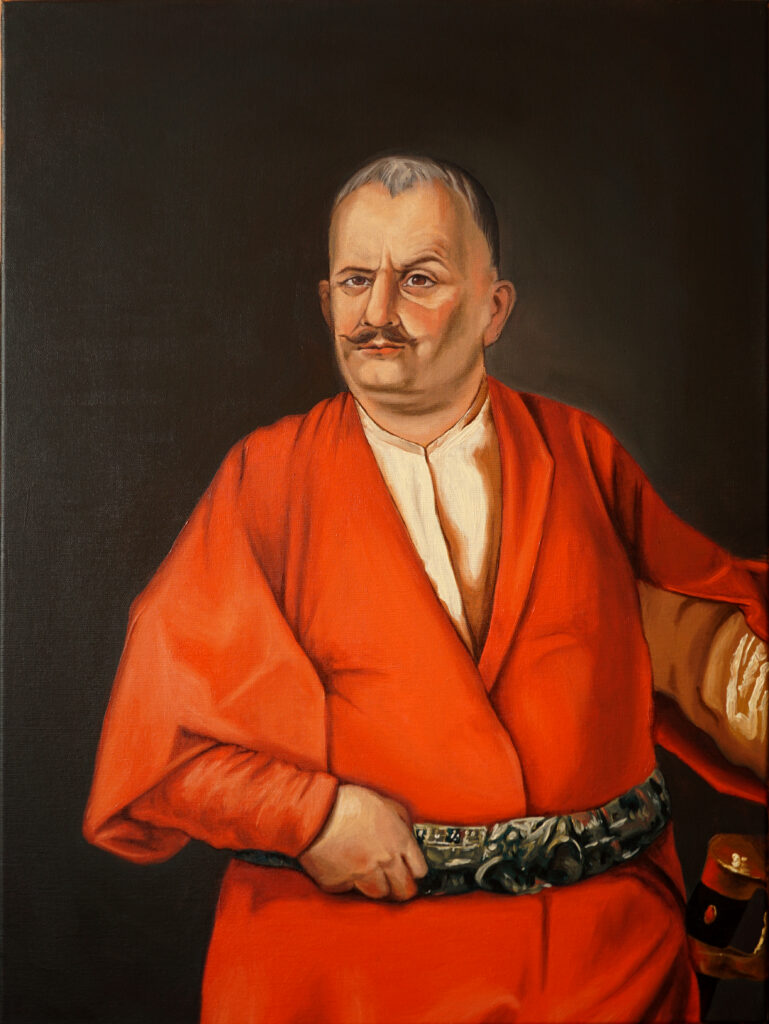 Obraz przedstawiający szlachcica w stylu XVII-wiecznych portretów sarmackich.