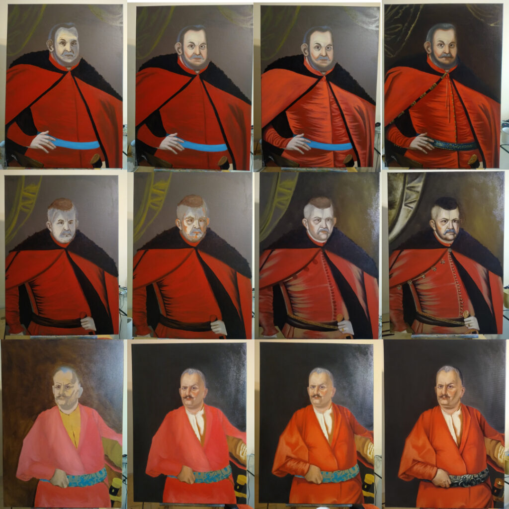 Zestawienie zdjęć przedstawiających procesy malowania portretów sarmatów.